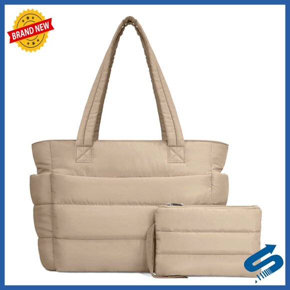 Handbags - Lightweight Puffer Tote Bag with 9 Pockets, Laptop Sleeve, 30L Capacity